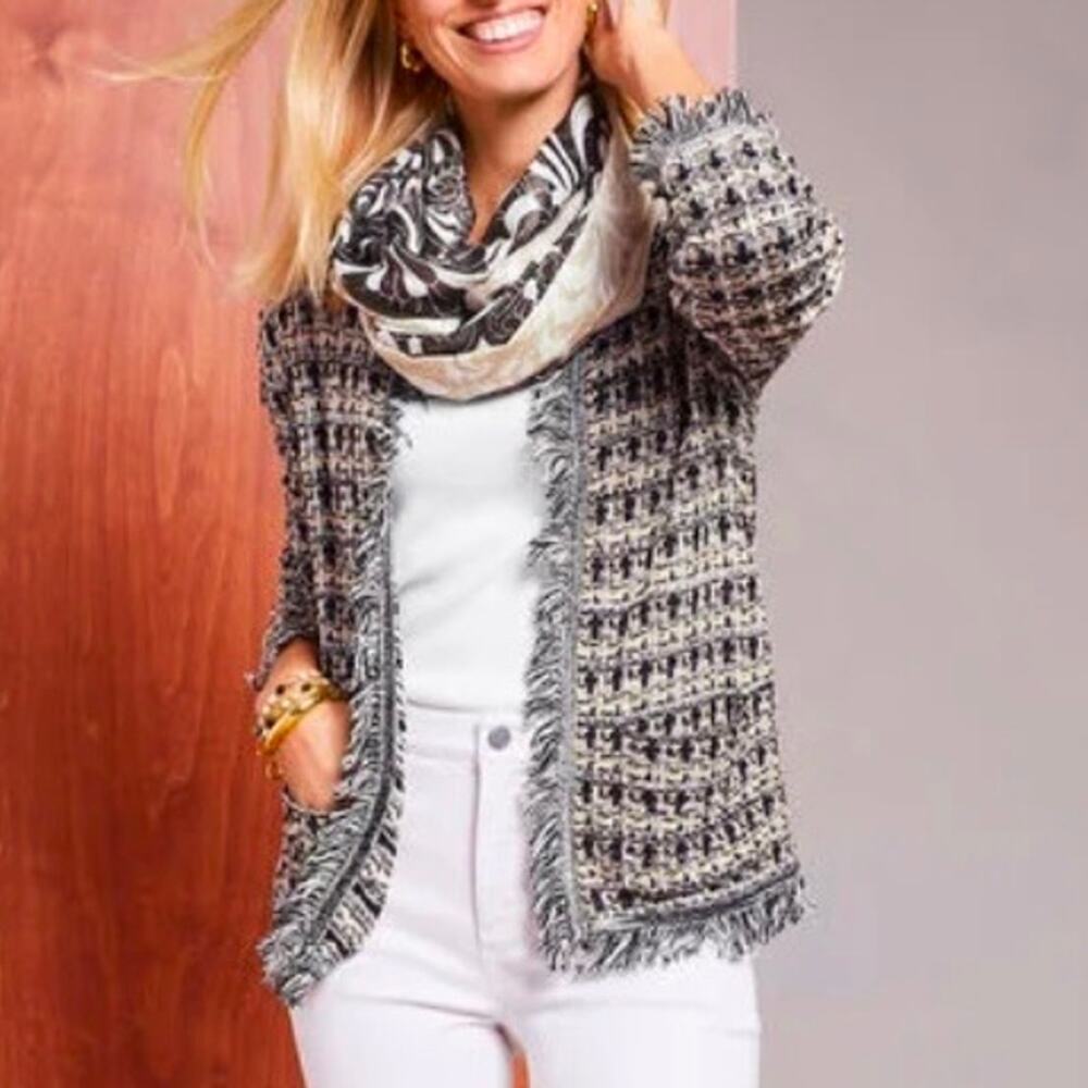 Talbots OPEN FRONT CARDIGAN - FRINGE PLAID size small NWT
